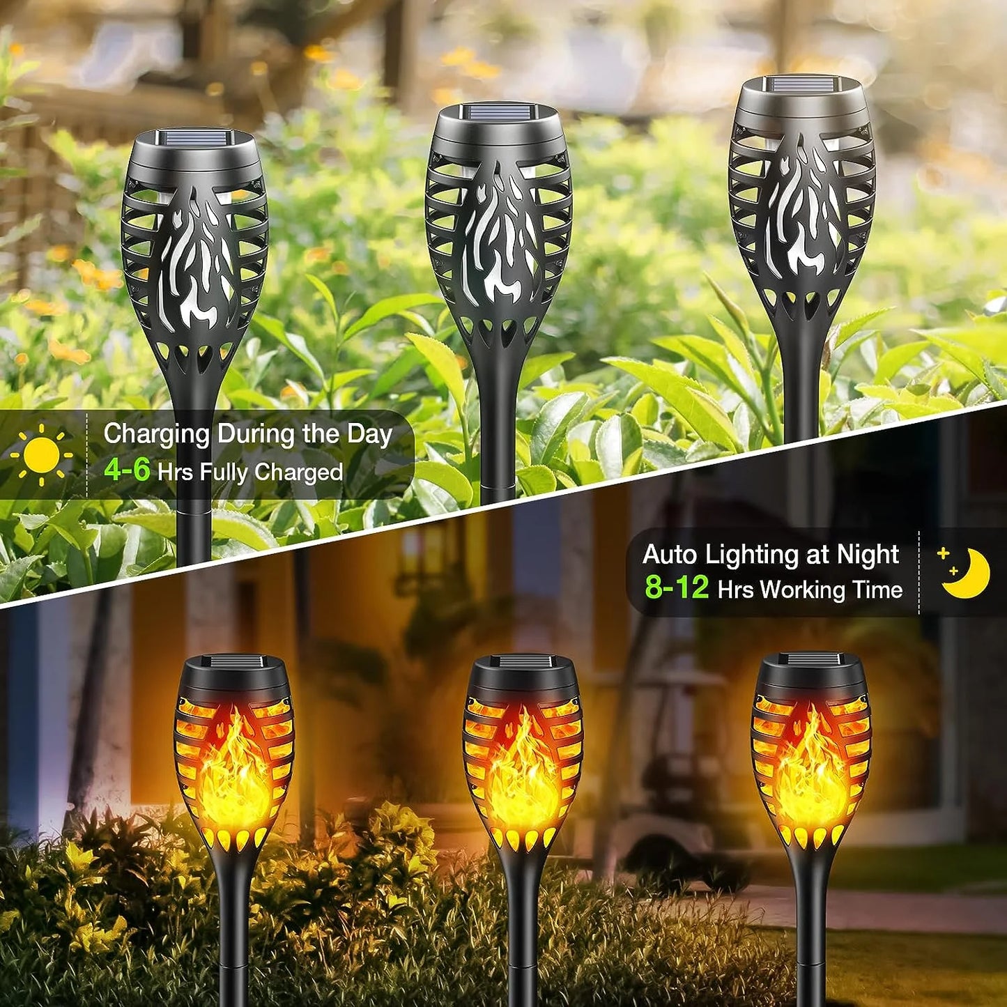 Solar Torch Lights, Flickering LED Flame, Waterproof, Yellow, 12 Pack
