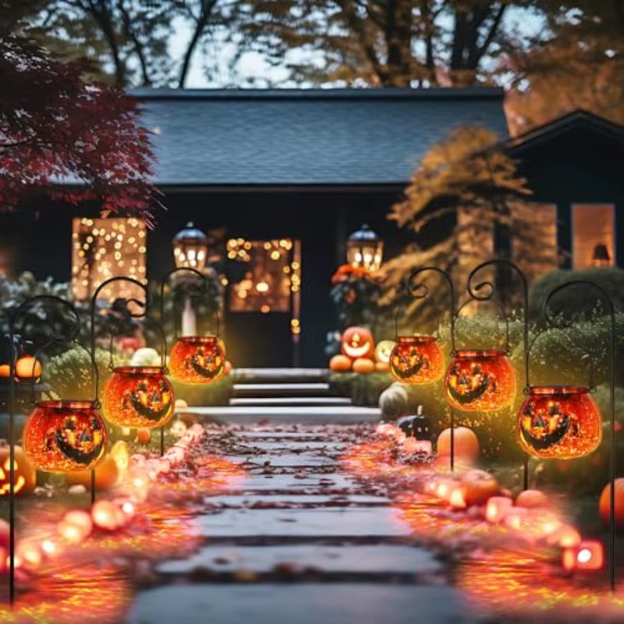 47 Inch 6 Pcs Solarpowered Pumpkin Pathway Lights with Glass Design for Outdoor Halloween Decoration Ideal for Yard Driveway Wa