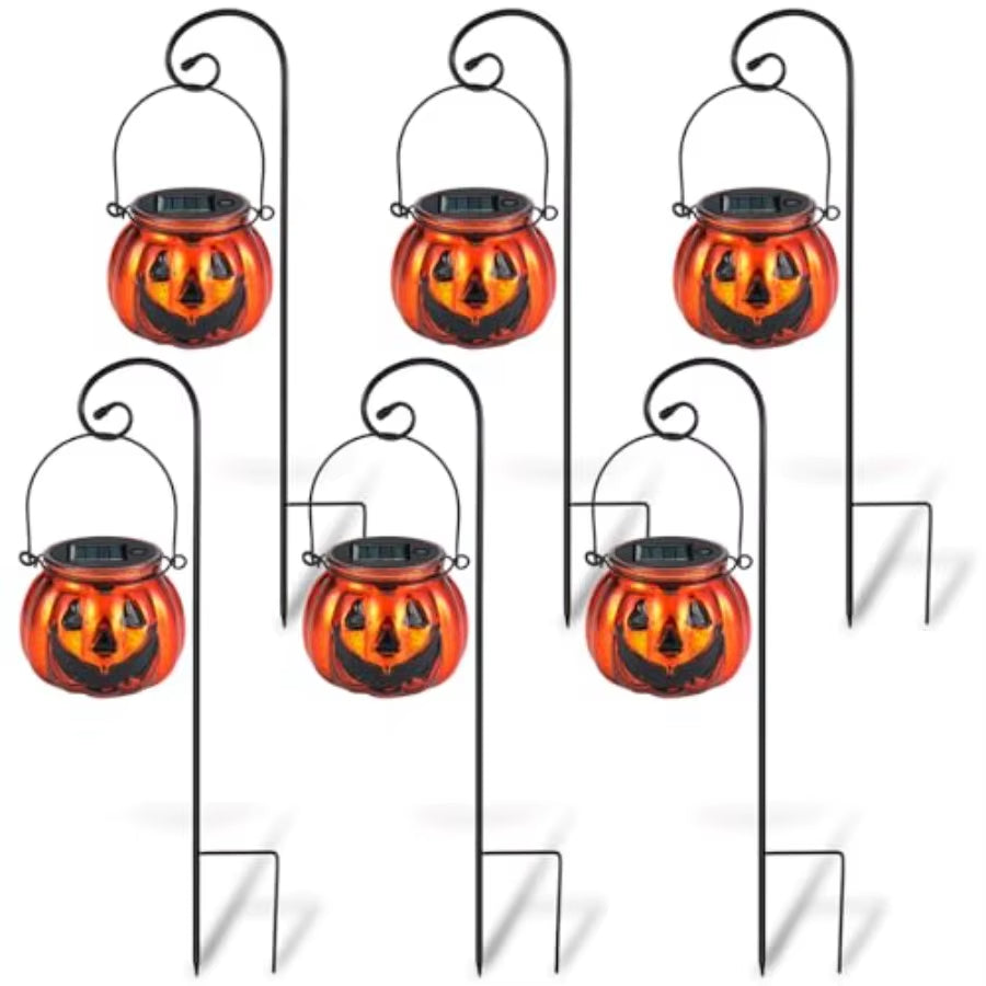 47 Inch 6 Pcs Solarpowered Pumpkin Pathway Lights with Glass Design for Outdoor Halloween Decoration Ideal for Yard Driveway Wa