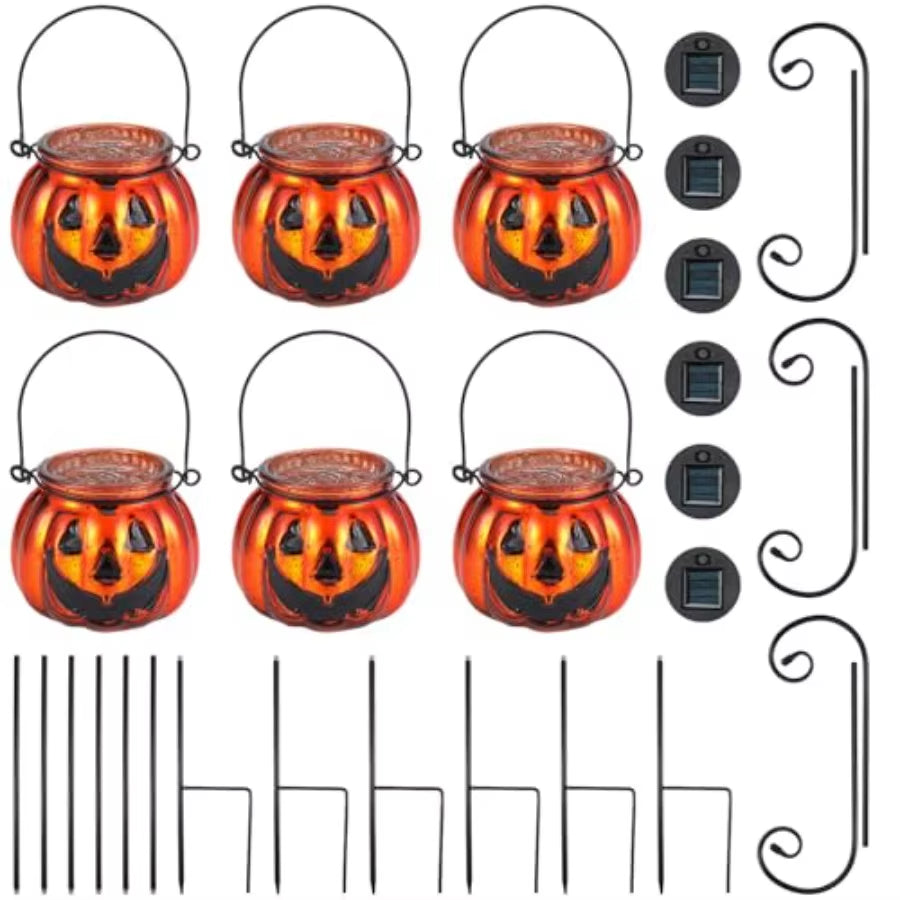 47 Inch 6 Pcs Solarpowered Pumpkin Pathway Lights with Glass Design for Outdoor Halloween Decoration Ideal for Yard Driveway Wa
