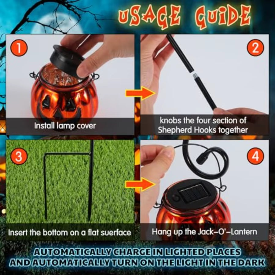 47 Inch 6 Pcs Solarpowered Pumpkin Pathway Lights with Glass Design for Outdoor Halloween Decoration Ideal for Yard Driveway Wa