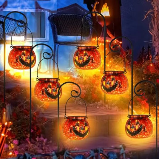 47 Inch 6 Pcs Solarpowered Pumpkin Pathway Lights with Glass Design for Outdoor Halloween Decoration Ideal for Yard Driveway Wa